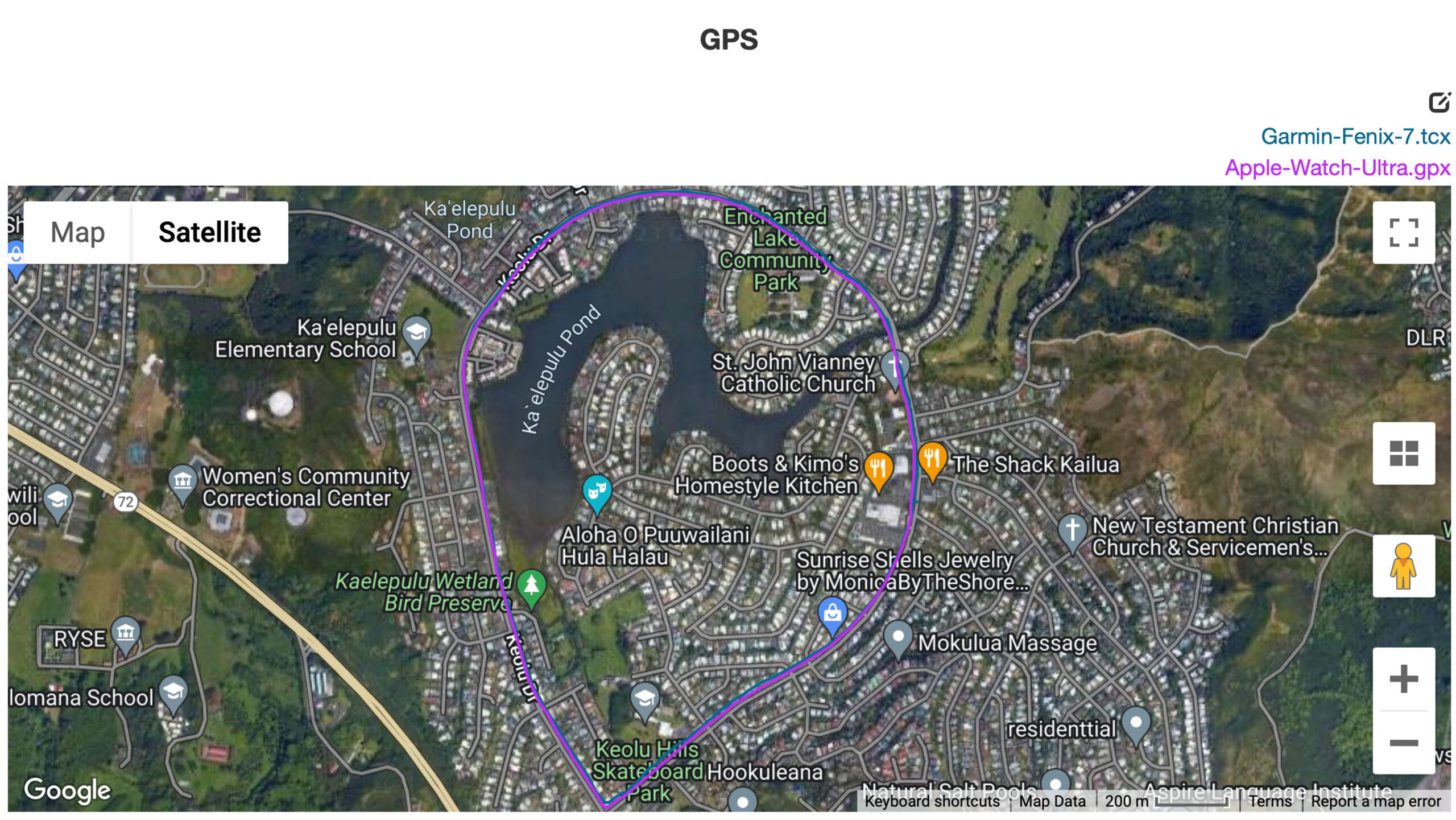 An Apple Watch Ultra and Garmin Fenix 7 Pro record near identical GPS data.