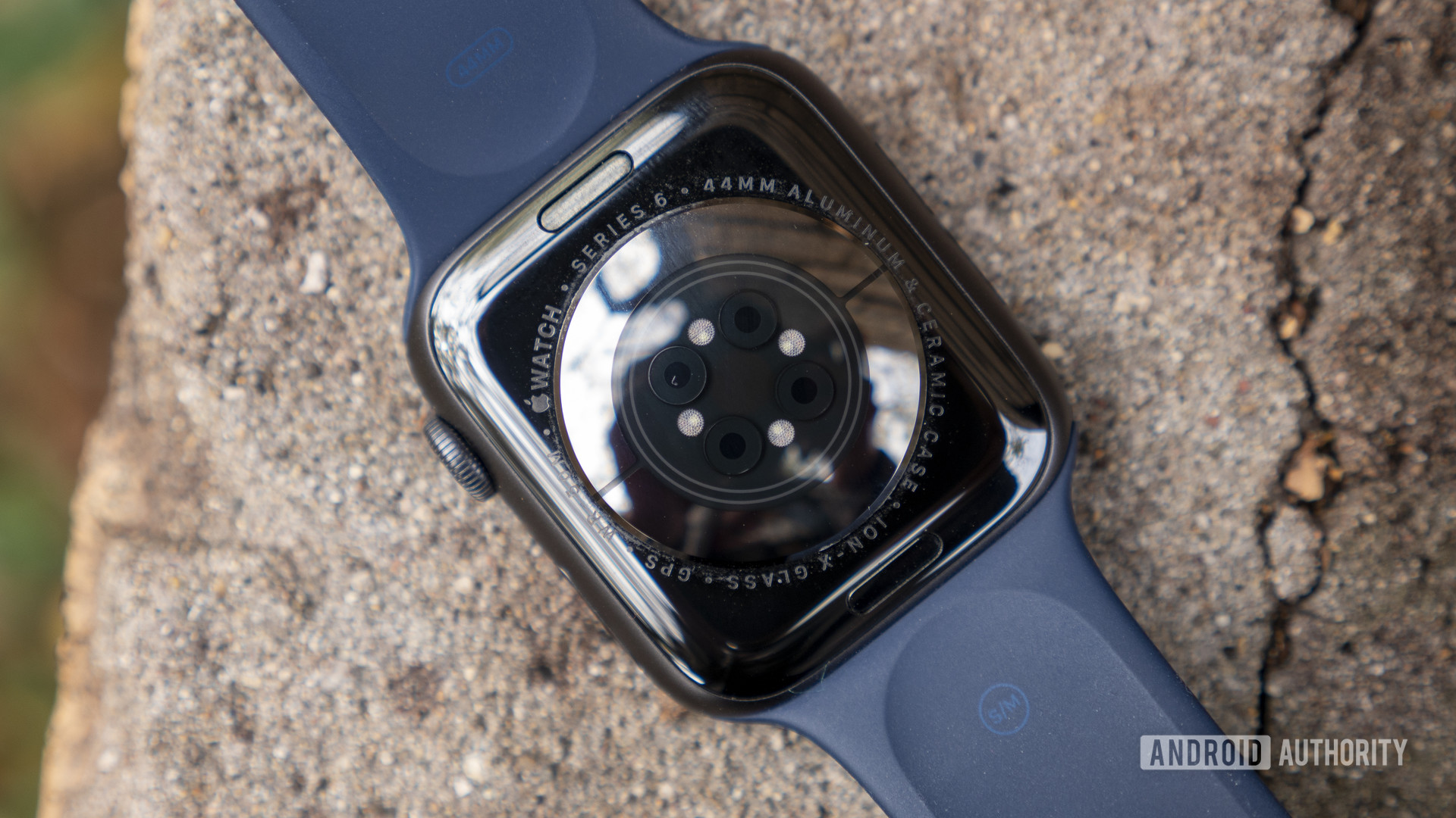 An Apple Watch Series 6 rests face down on a stone outdoors, displaying the sensors on the back of the device.