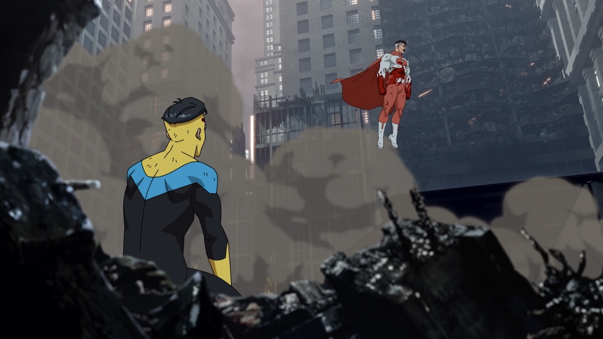 Two animated superheroes face off amid rubble in Invincible - shows like the boys