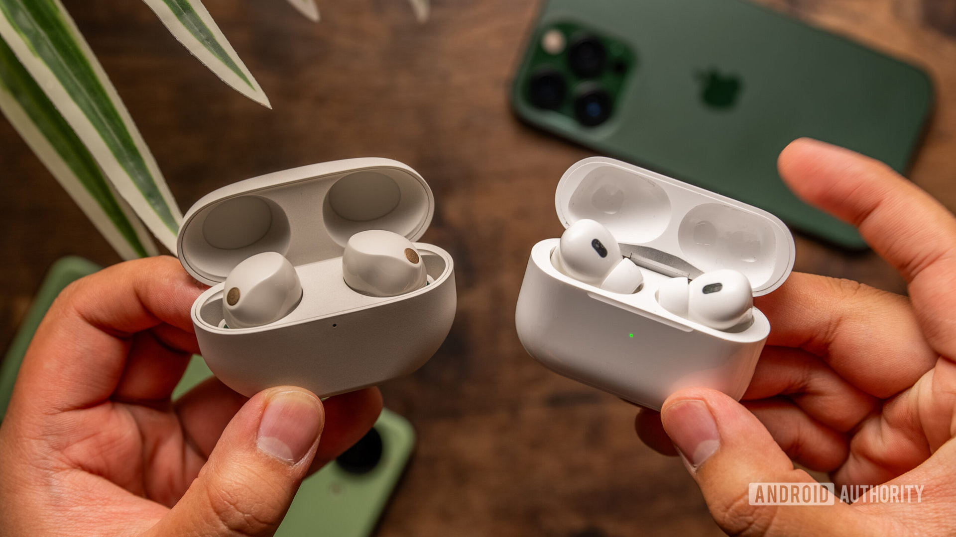 Sony WF 1000XM5 vs Apple AirPods Pro 2nd generation hands hold comparison